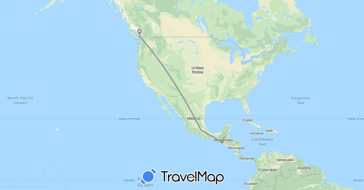 TravelMap itinerary: driving, bus, plane in Canada, Guatemala, Mexico (North America)
